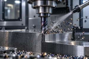 High-precision 4 flute solid carbide end mill performing dynamic shoulder milling on a hardened steel block in a CNC machine