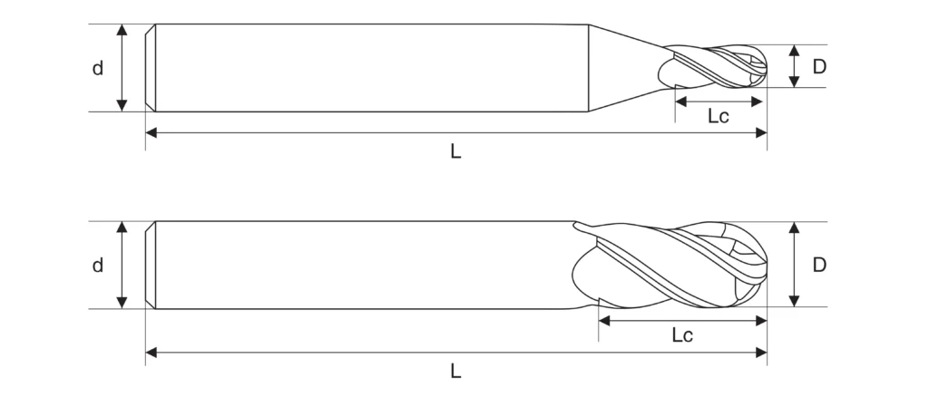 4 flute carbide ball nose cutter dimensional specifications and shank sizes