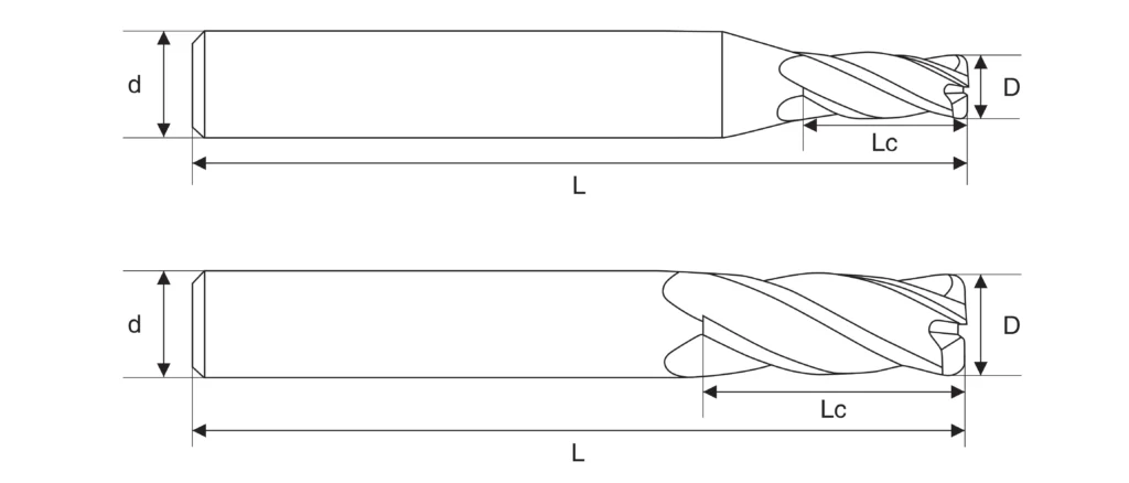 Technical dimensional drawing of DM series 4 flute corner radius end mill with shank and flute specifications