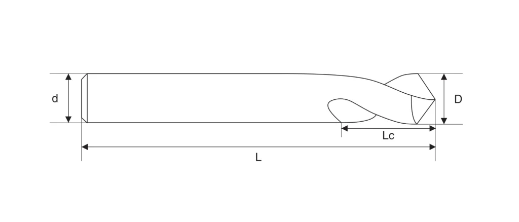 Solid carbide spot drill technical dimensions and 90 degree point geometry drawing