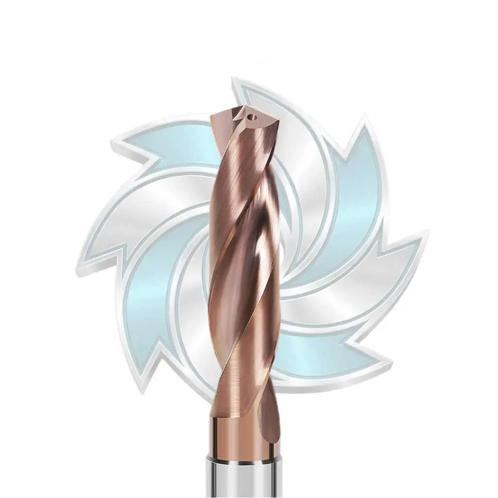 Detail of 140 degree point geometry and polished flute of internal cooling carbide drill